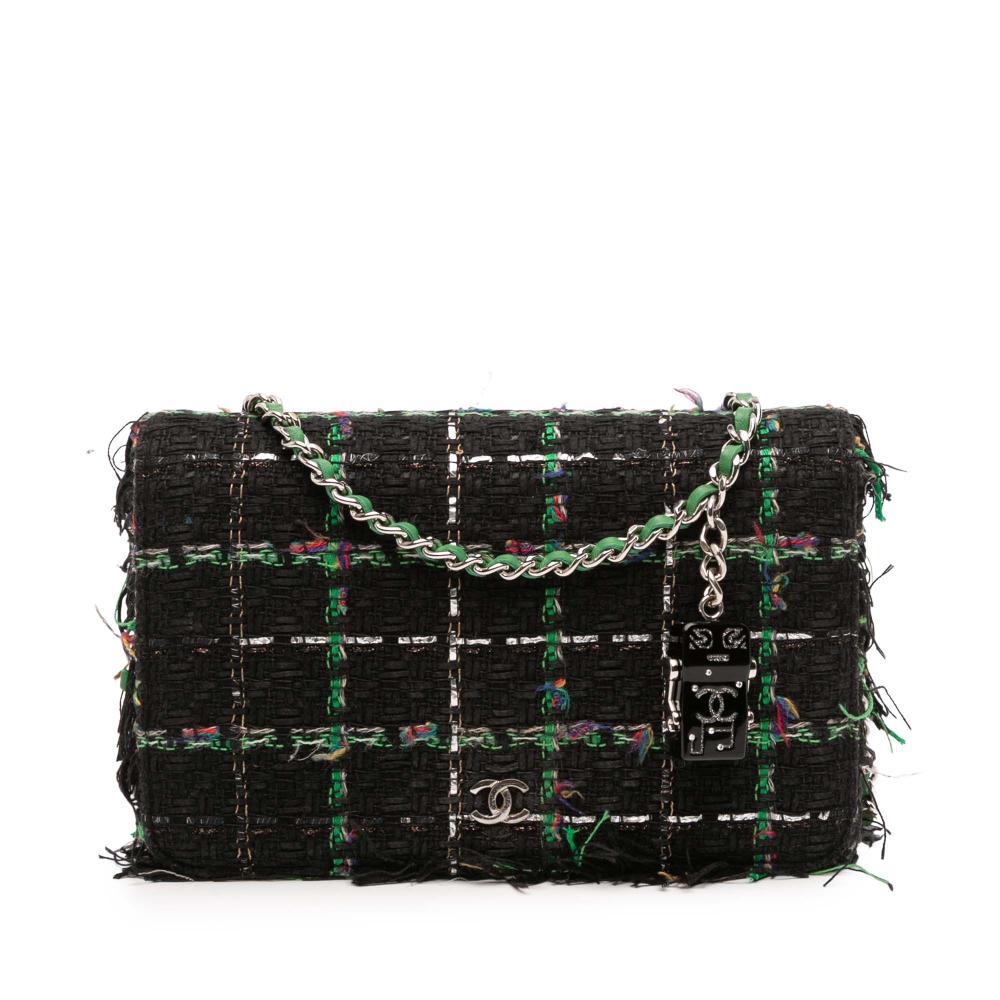 Chanel B Chanel Black with Green Lime Tweed Fabric CC Quilted Boucle Robot Charm Wallet On Chain Italy