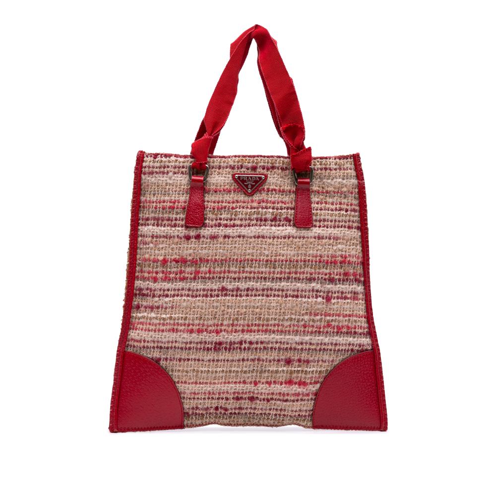 Prada B Prada Red Tweed Fabric Vitello Trimmed Flat Tote Italy