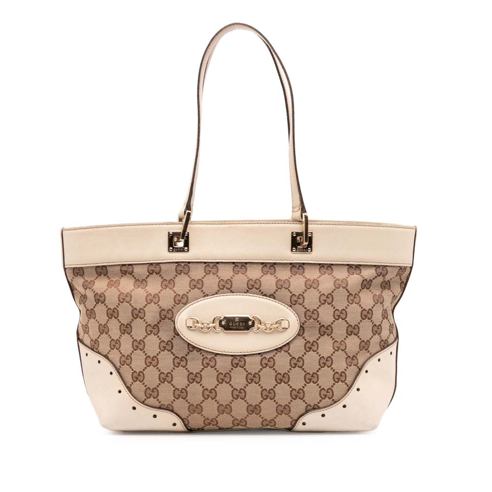 Gucci B Gucci Brown Beige Canvas Fabric GG Punch Tote Italy