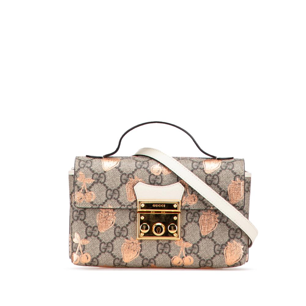 Gucci AB Gucci Brown Beige with White Coated Canvas Fabric Mini GG Supreme Berry Padlock Satchel Italy