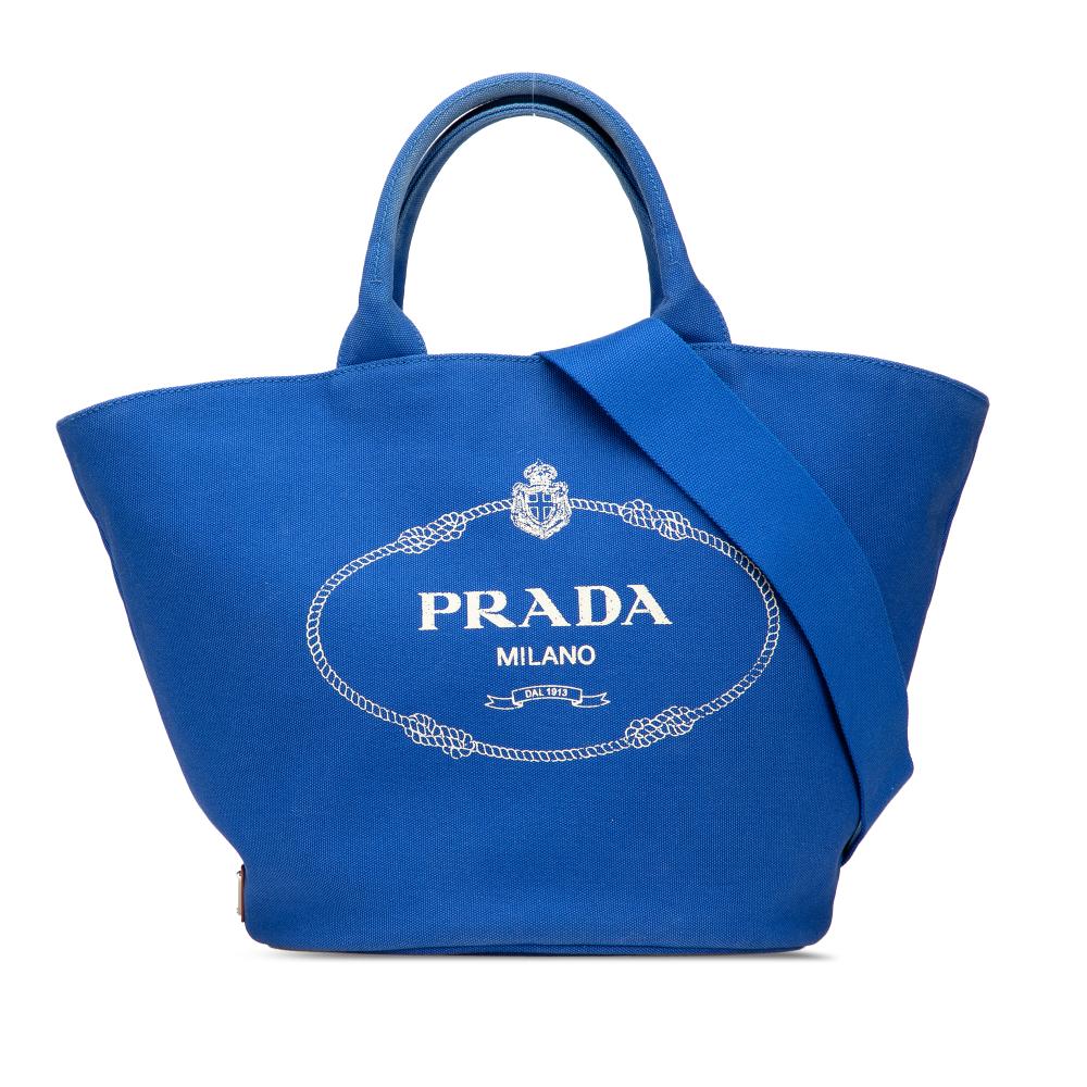 Prada B Prada Blue Canvas Fabric Medium Canapa Logo Convertible Shopping Tote India