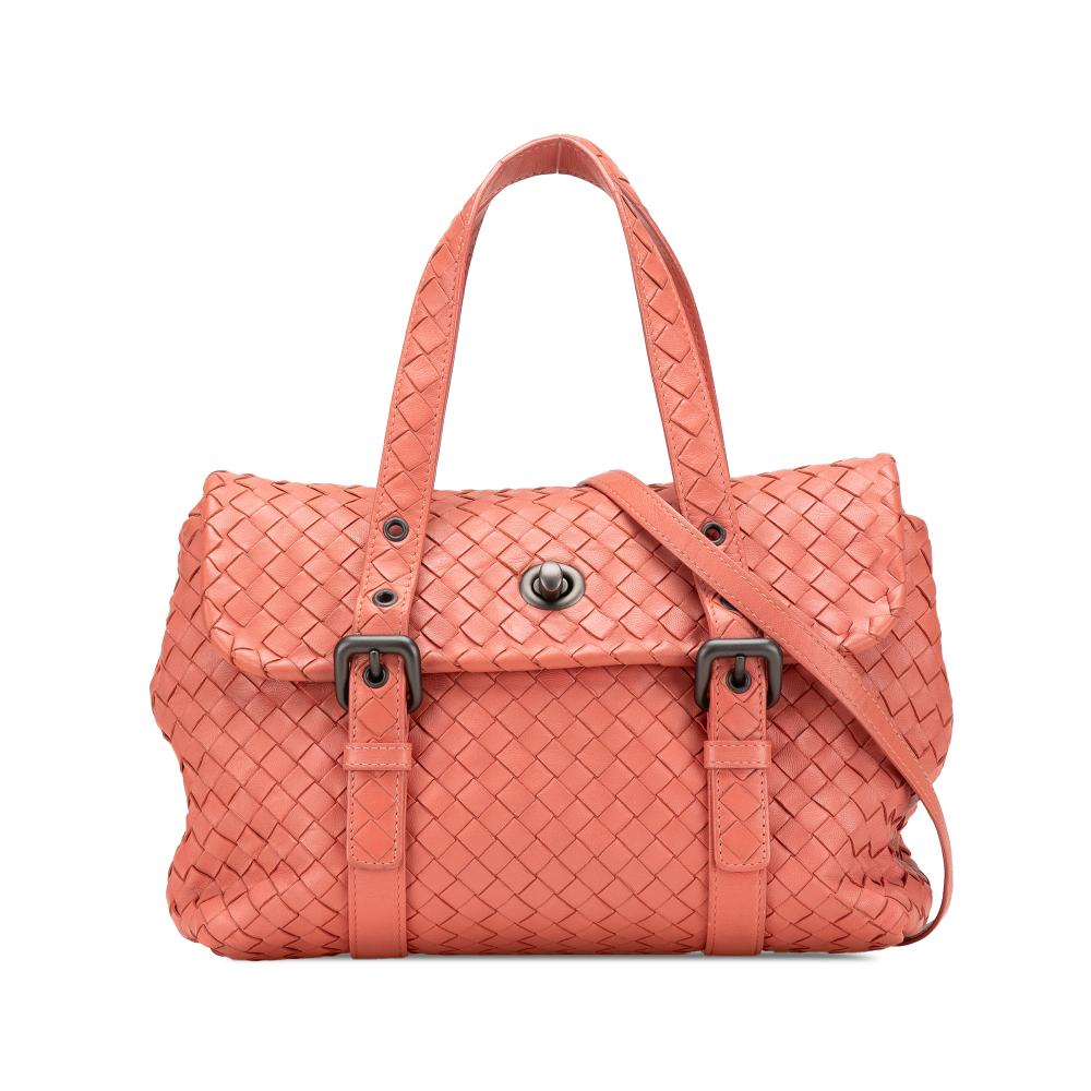 Bottega Veneta B Bottega Veneta Orange Peach Calf Leather Intrecciato Flap Satchel Italy