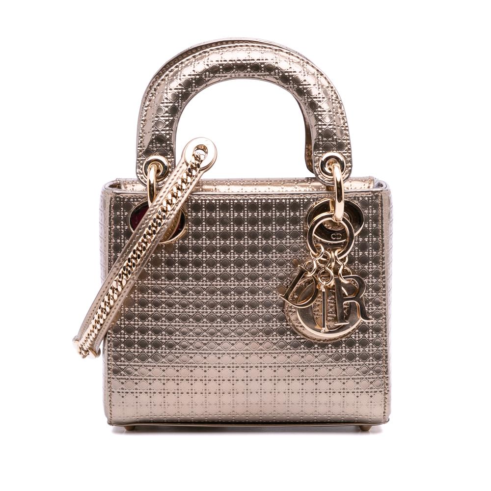 Christian Dior AB Dior Gold Light Gold Patent Leather Leather Mini Metallic Patent Microcannage Lady Dior Italy
