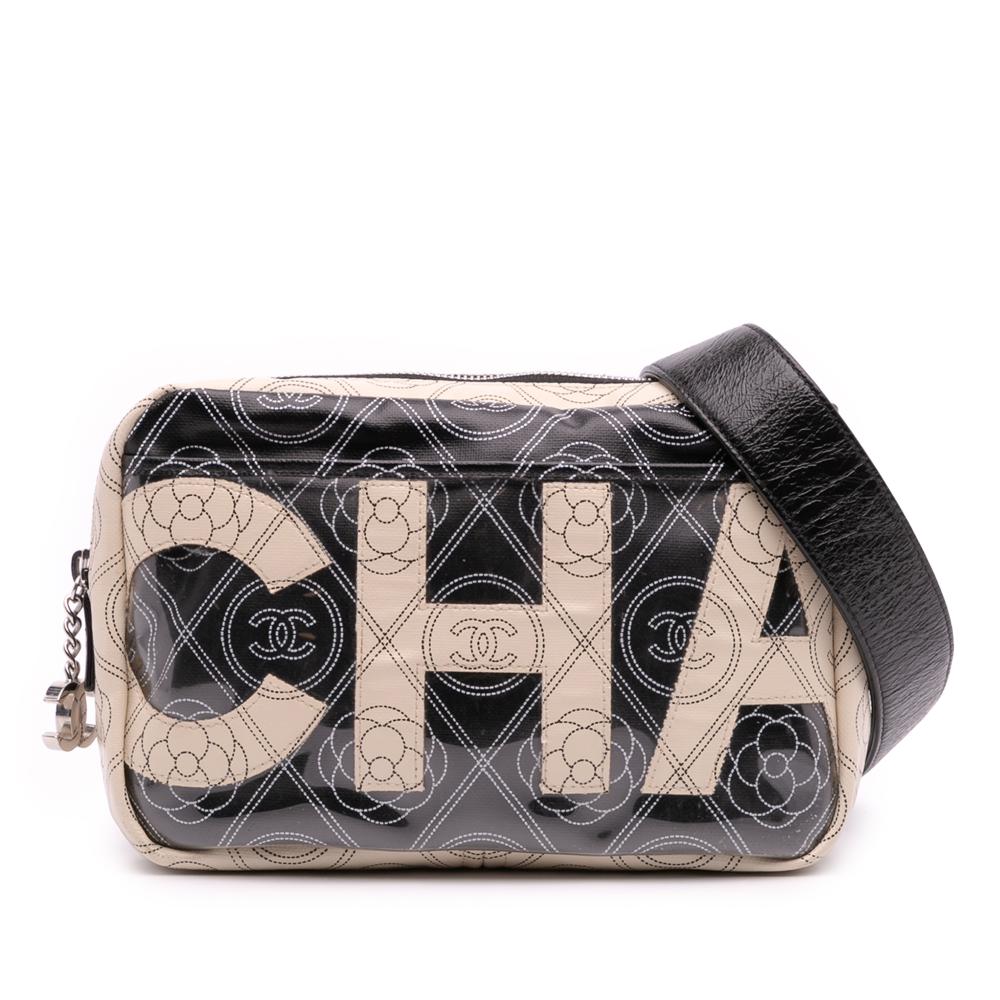 Chanel AB Chanel Black Ivory with White Ivory Coated Canvas Fabric Camellia Logo Camera Bag Italy