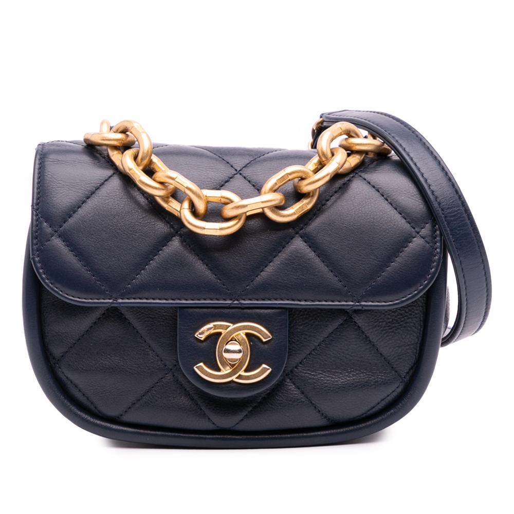 Chanel AB Chanel Blue Navy Calf Leather Mini CC Quilted skin Round Moon Messenger Flap Italy