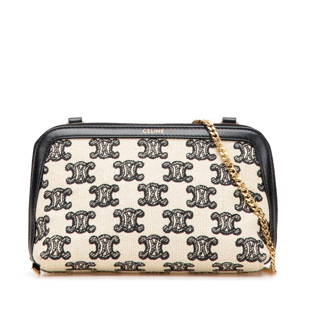 Celine B Celine Brown Light Beige with Black Canvas Fabric Triomphe Emroidered Clutch On Chain Italy