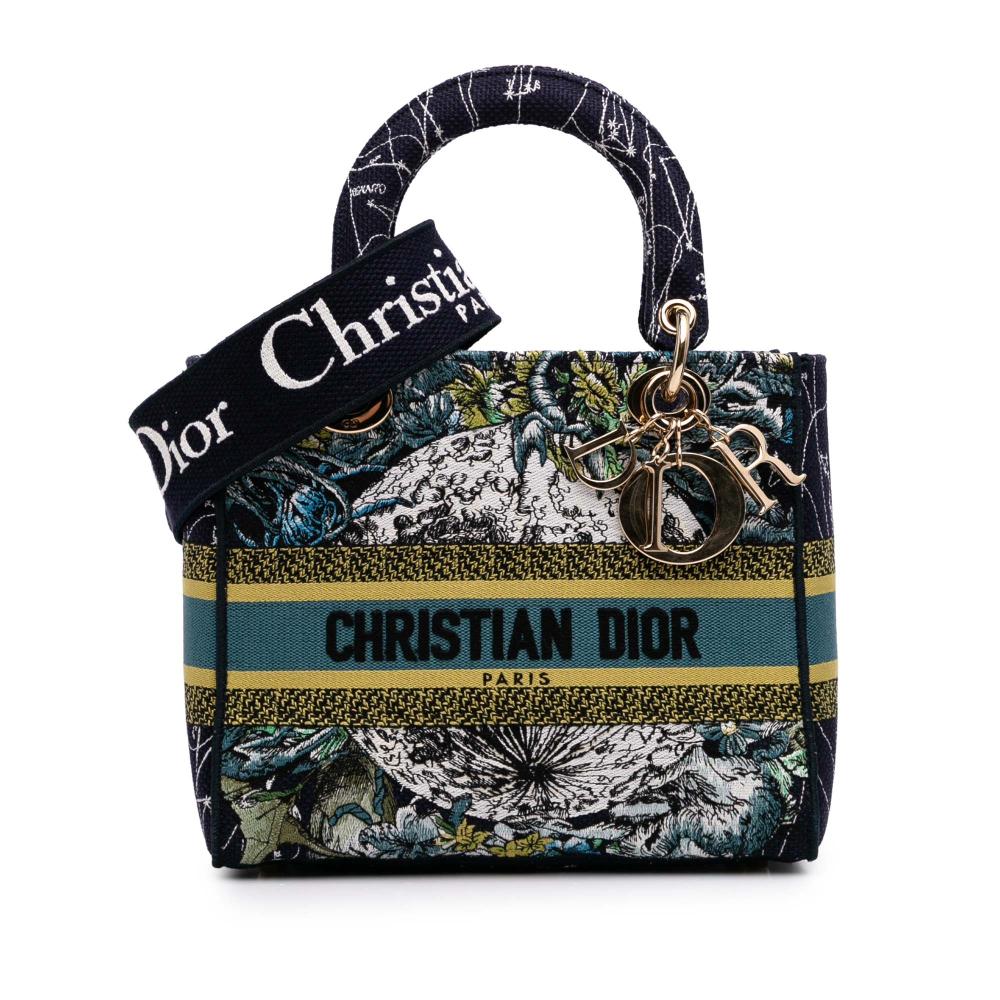 Christian Dior B Dior Blue Navy Canvas Fabric Medium Embroidered Zodiac Lady D Lite Italy