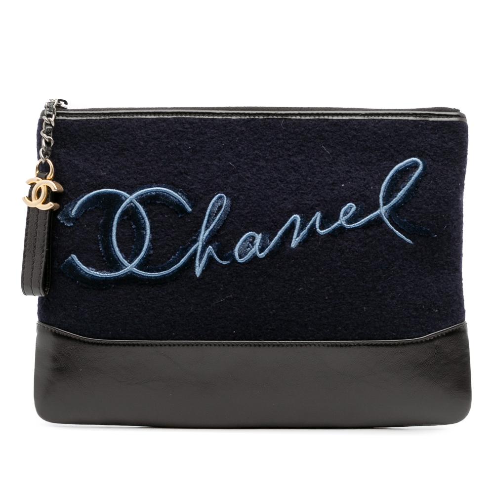 Chanel AB Chanel Blue Navy with Black Wool Fabric Paris-Hamburg Embroidered Gabrielle Clutch Italy