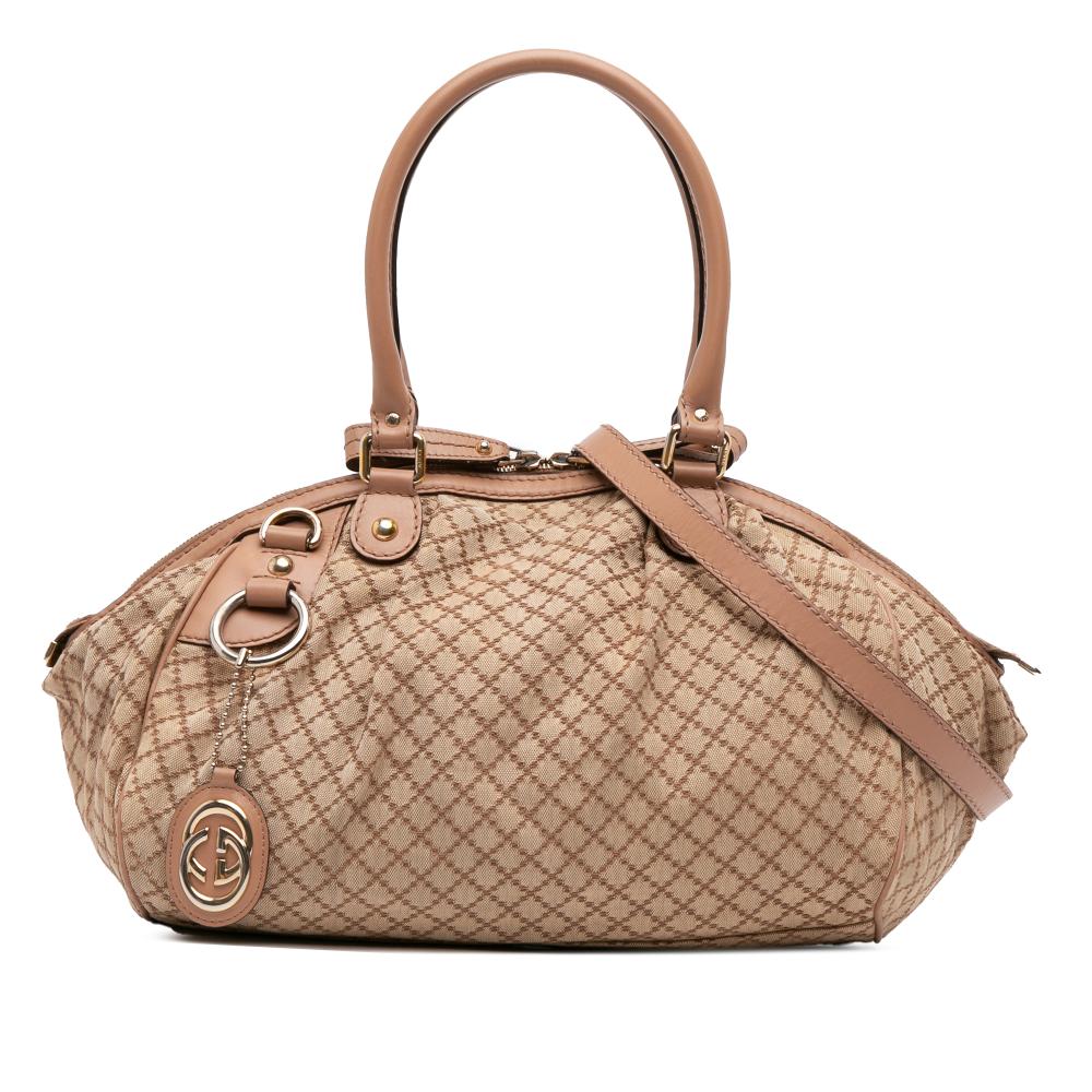 Gucci B Gucci Brown Beige Canvas Fabric Diamante Sukey Satchel Italy