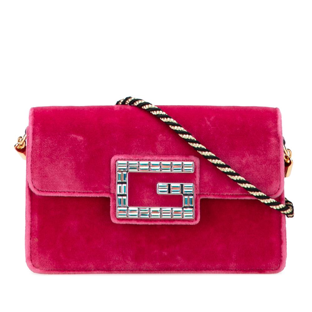 Gucci B Gucci Pink Dark Pink Velvet Fabric Crystal GG Broadway Crossbody Italy