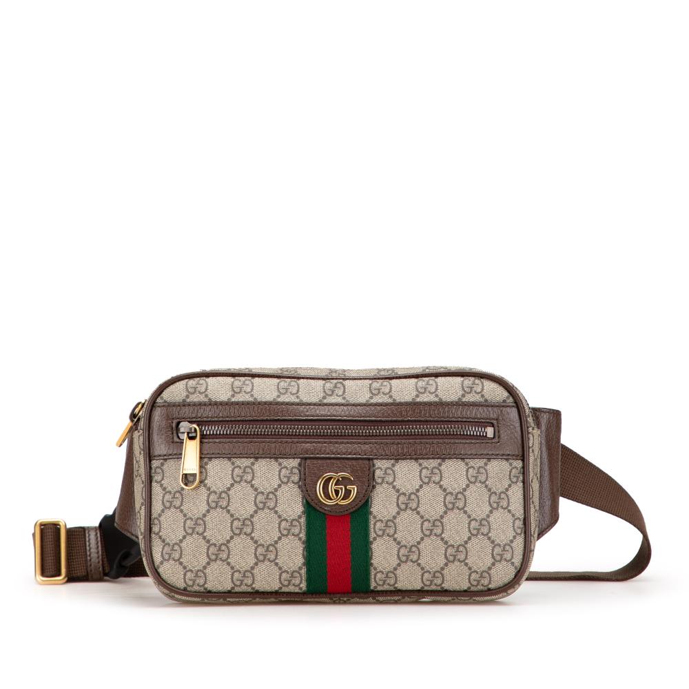 Gucci B Gucci Brown Beige Coated Canvas Fabric Small GG Supreme Ophidia Belt Bag Italy