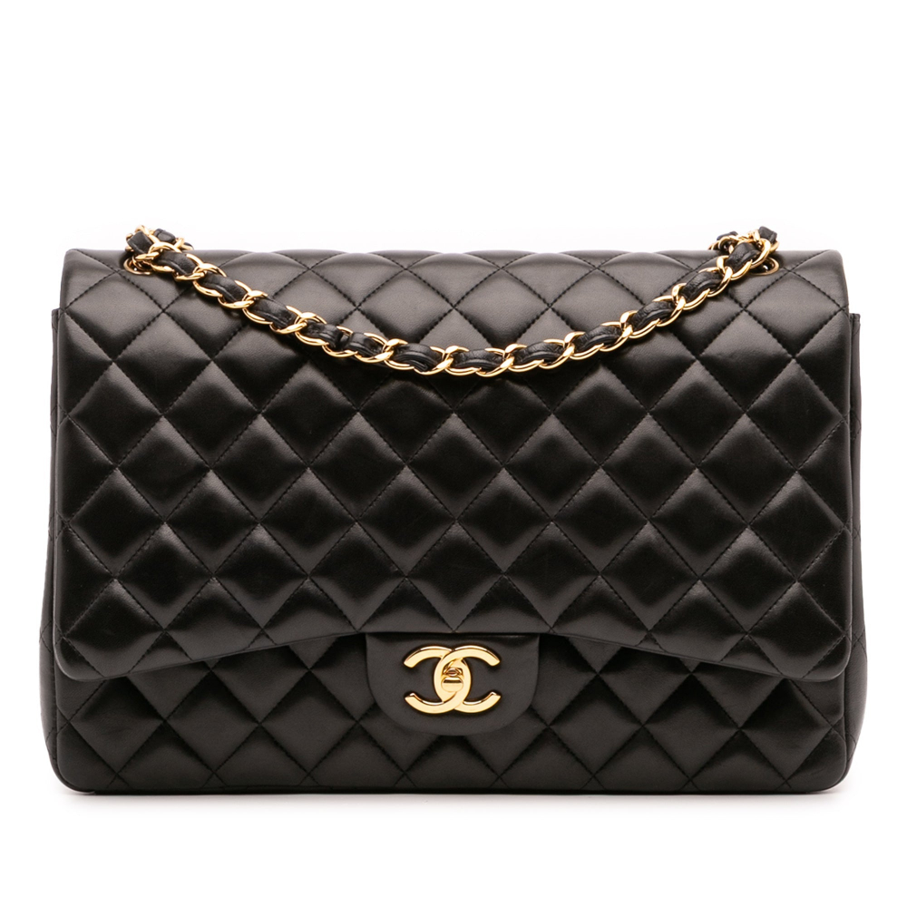 Chanel Classic Double Flap Maxi Lambskin Leather Chevron Shoulder Bag Black