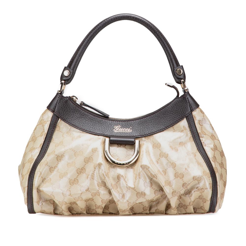 Gucci AB Gucci Brown Beige Coated Canvas Fabric GG Crystal Abbey D Ring Shoulder Bag Italy