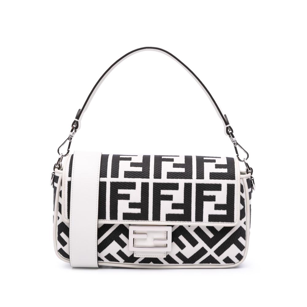 Fendi B Fendi White with Black Canvas Fabric Zucca Embroidered Baguette Satchel Italy