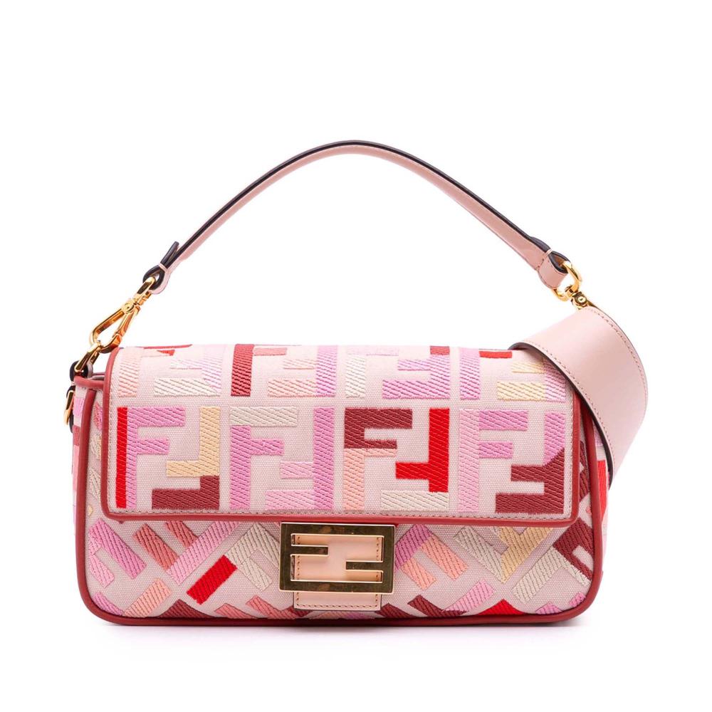 Fendi B Fendi Pink Canvas Fabric Zucca Embroidered Baguette Satchel Italy