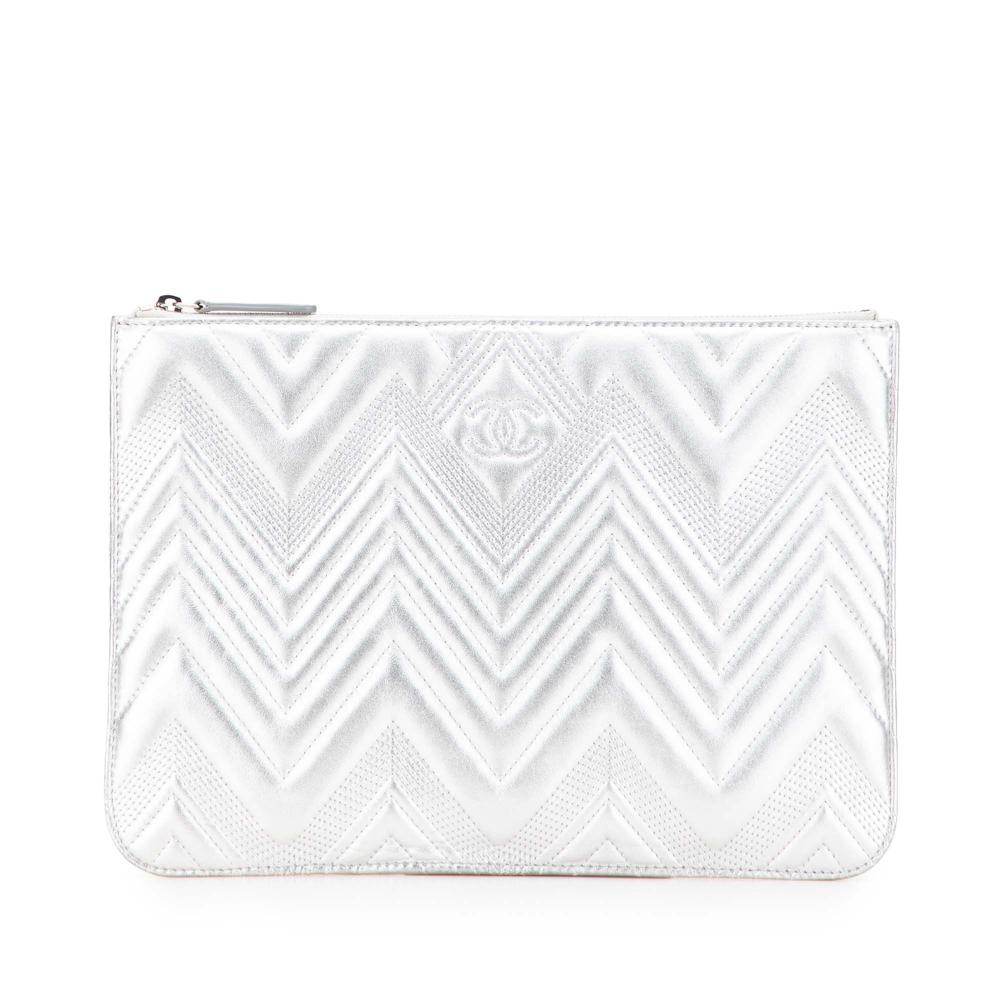 Chanel AB Chanel Silver Calf Leather Medium Metallic Chevron skin O Case Clutch Italy