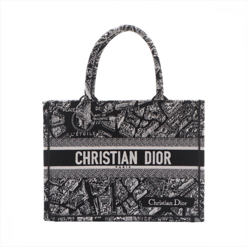 Christian Dior Book Tote Medium Canvas Embroidery Handbag Plan de Paris Black & White