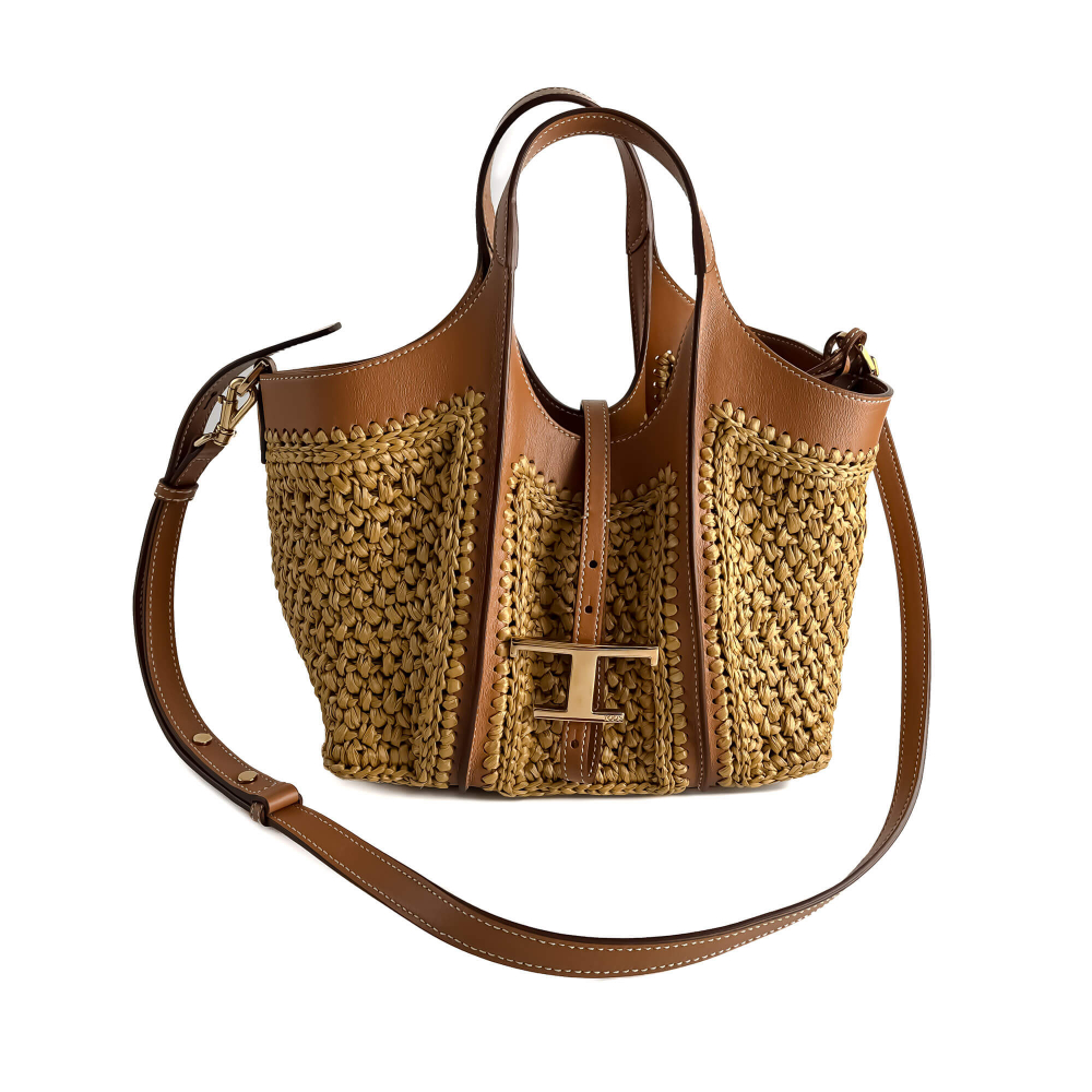 Tod's T Timeless Mini Woven Raffia and Leather Shopper Crossbody Natural brown