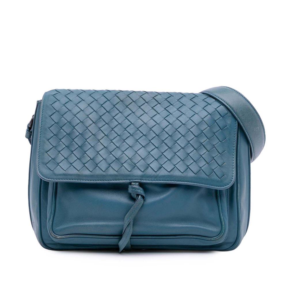 Bottega Veneta B Bottega Veneta Blue Nappa Leather Leather Intrecciato Trimmed Nappa Flap Crossbody Italy