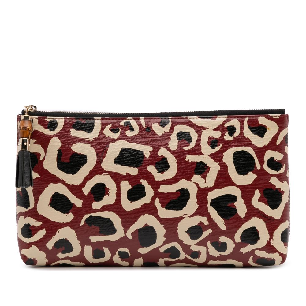 Gucci B Gucci Red Calf Leather Leopard Print Bamboo Clutch Italy