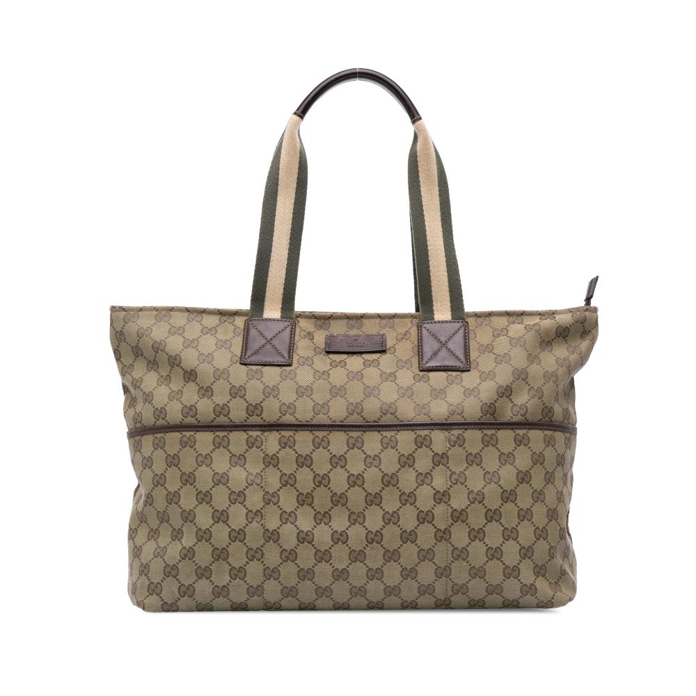 Gucci B Gucci Brown Beige Canvas Fabric GG Web Tote Italy