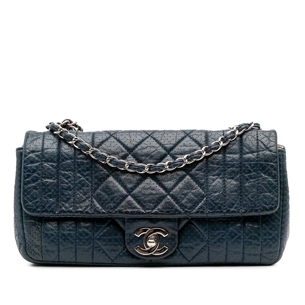 Chanel B Chanel Blue Navy Calf Leather CC Quilted Perforated Aged skin Flap France