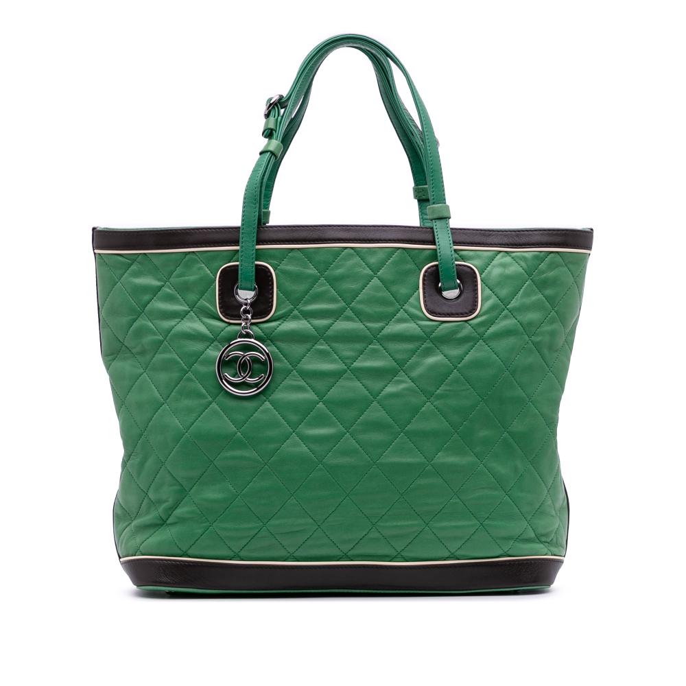 Chanel B Chanel Green with Black Lambskin Leather Leather Large Quilted Lambskin Country Club Tote Italy