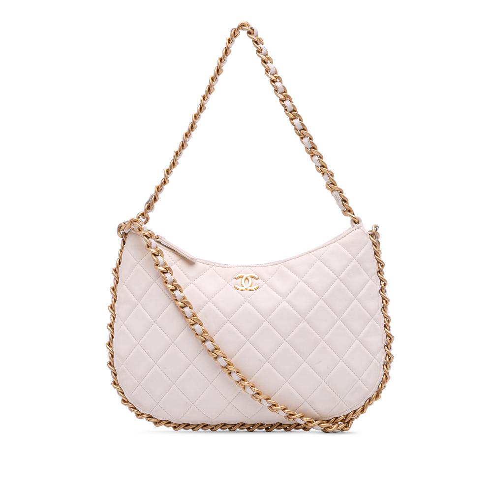 Chanel White Large Shiny Crumpled Quilted Lambskin Trendy Chain Around Hobo Italy