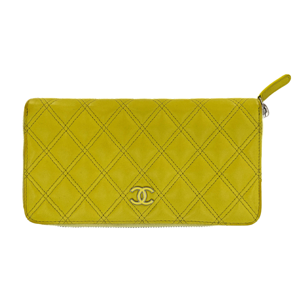 Chanel Long Zip Around Wallet Quilted Lambskin Leather Yellow