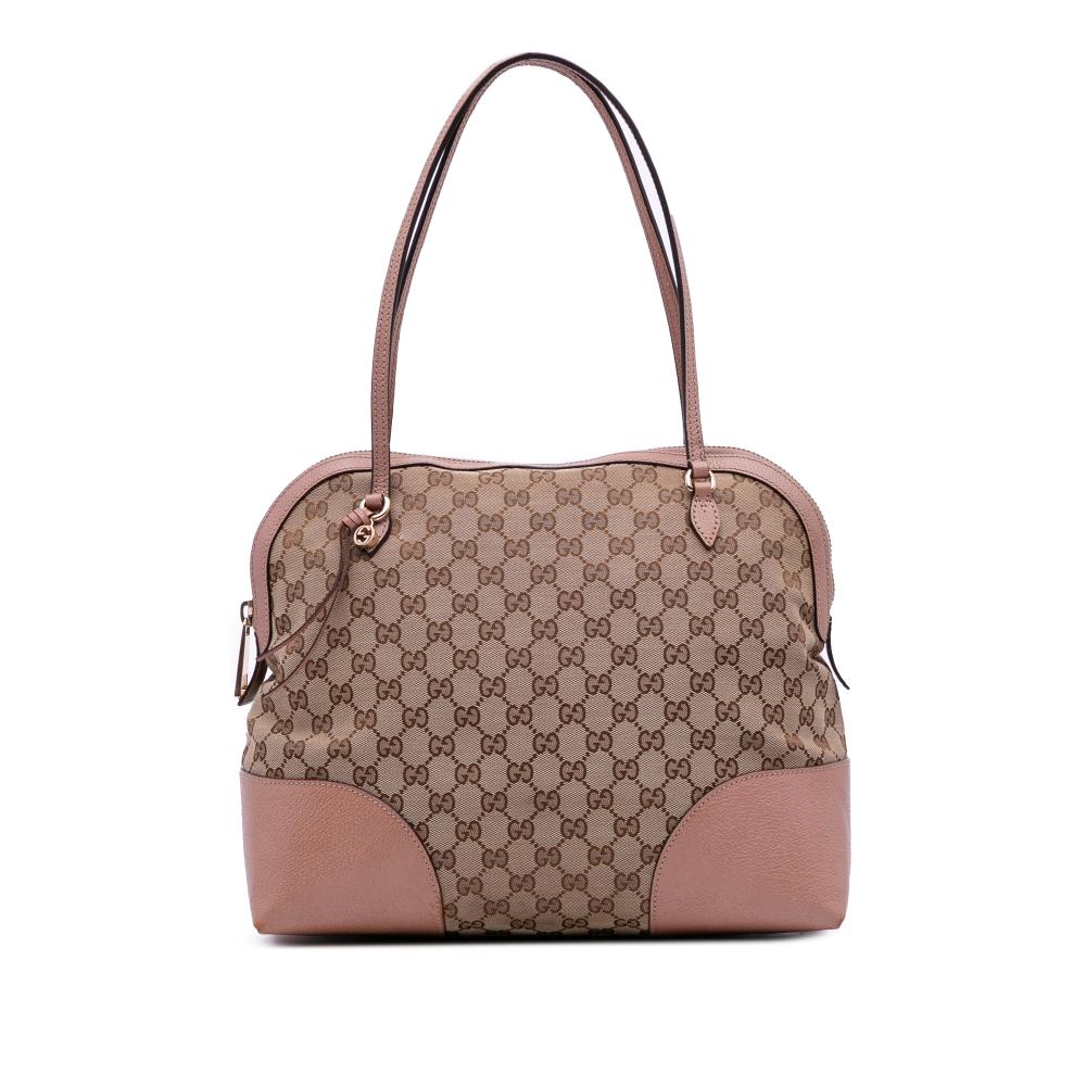 Gucci B Gucci Brown Beige with Pink Canvas Fabric Medium GG Bree Dome Tote Italy
