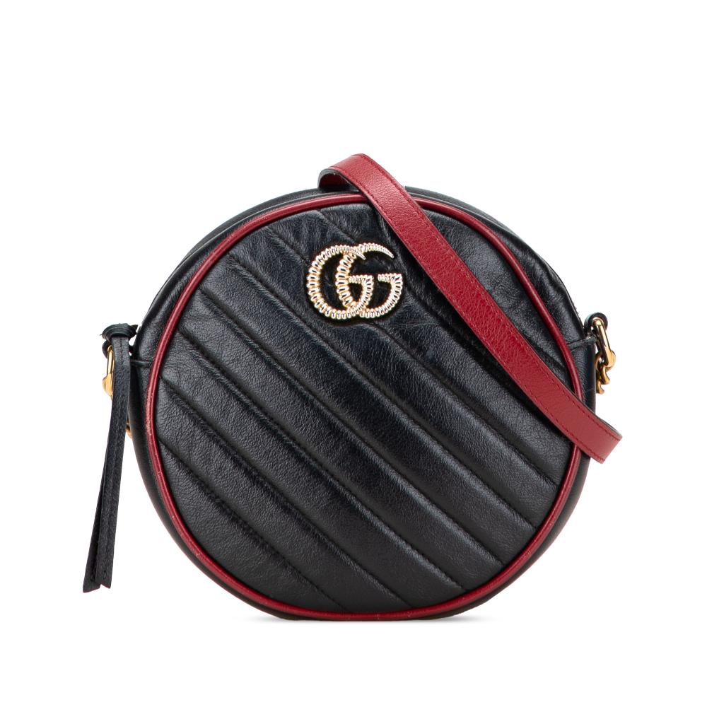 Gucci B Gucci Black Calf Leather Mini GG Marmont Matelasse Torchon Round Crossbody Italy