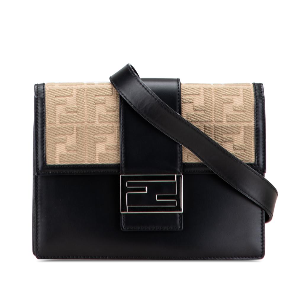 Fendi B Fendi Black with Brown Beige Calf Leather skin and Canvas FF 1974 Flat Baguette Crossbody Italy