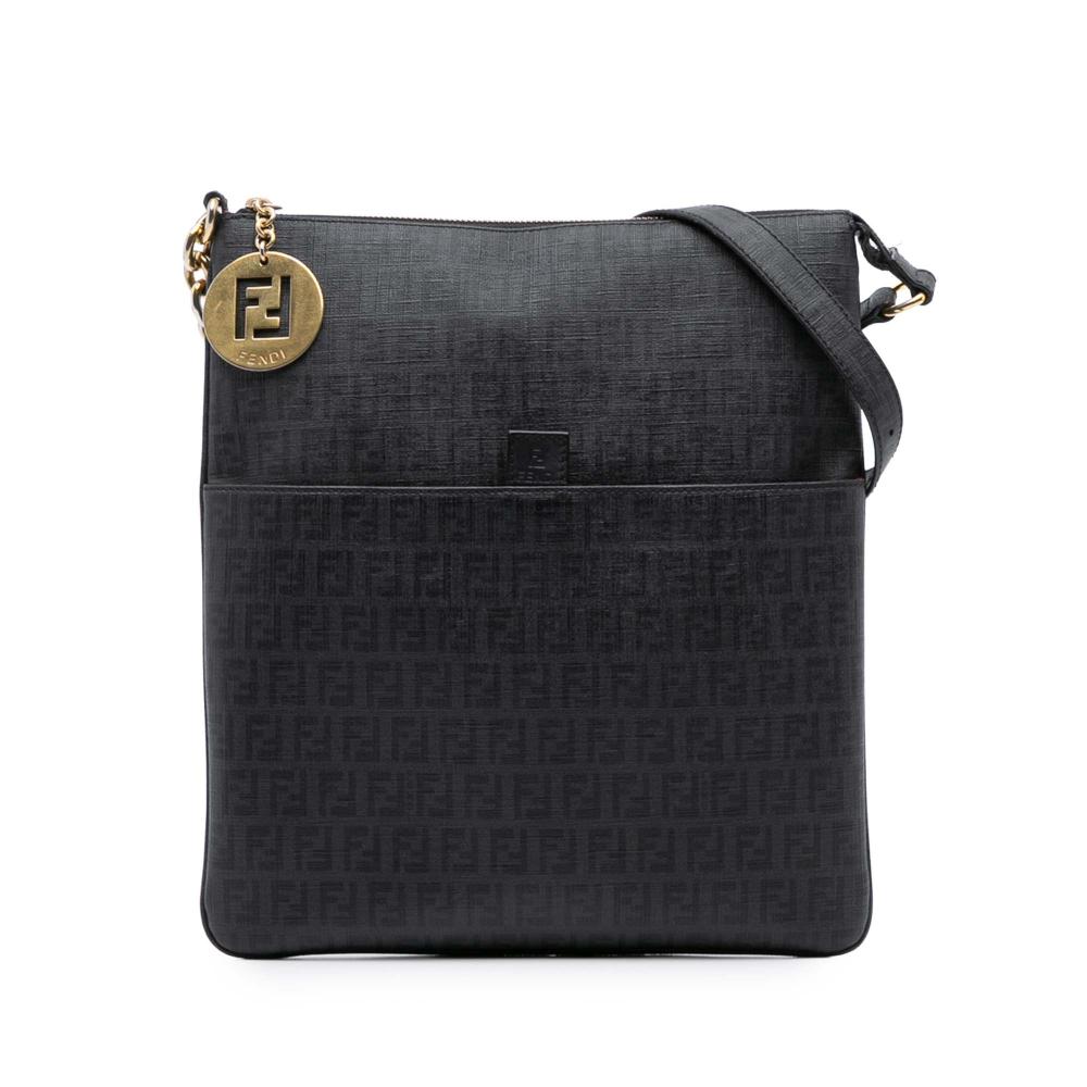 Fendi B Fendi Black Coated Canvas Fabric Zucchino Charm Zip Crossbody Italy