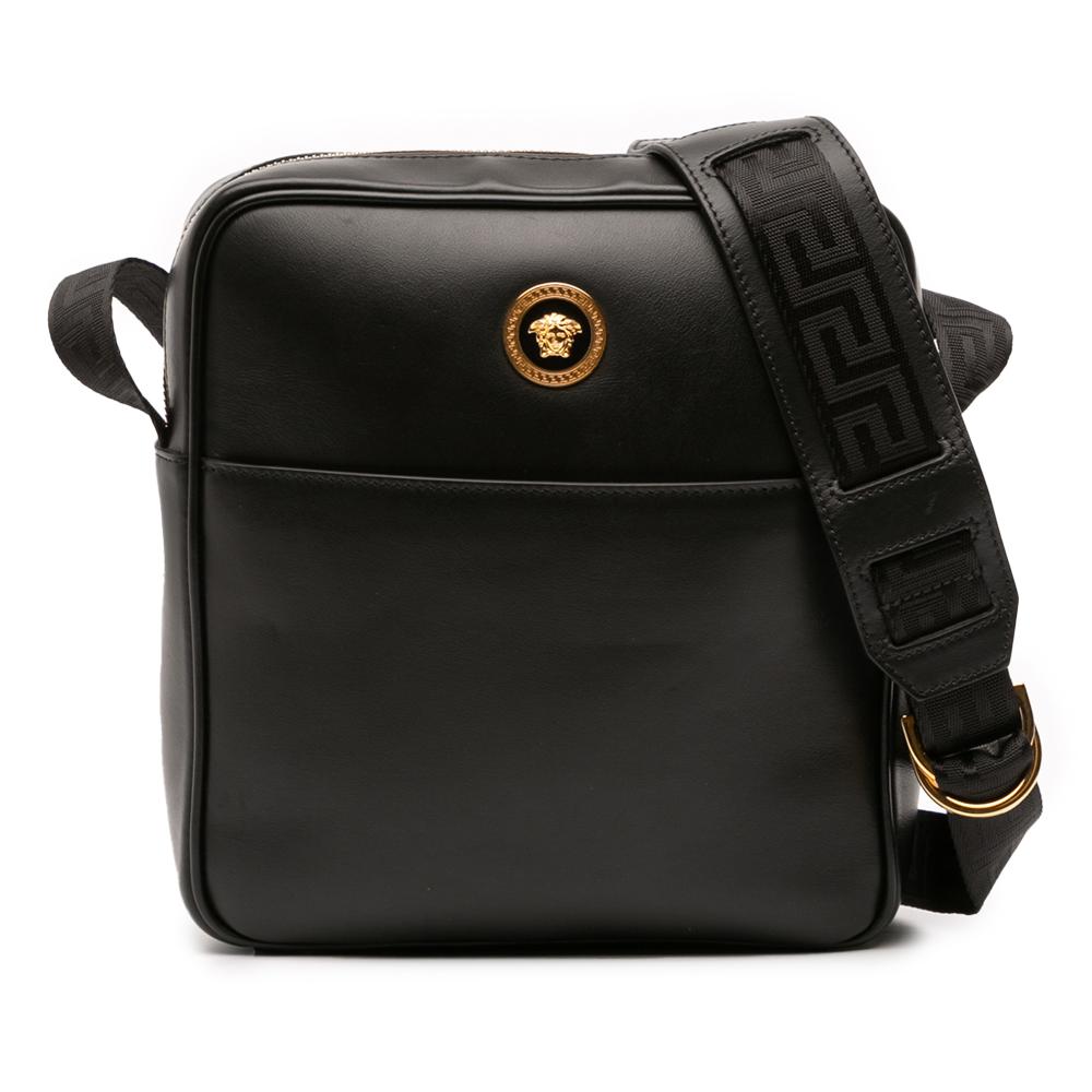 Versace B Versace Black Calf Leather Medusa Crossbody Italy