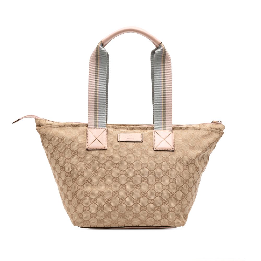 Gucci B Gucci Brown Beige Canvas Fabric GG Web Tote Italy