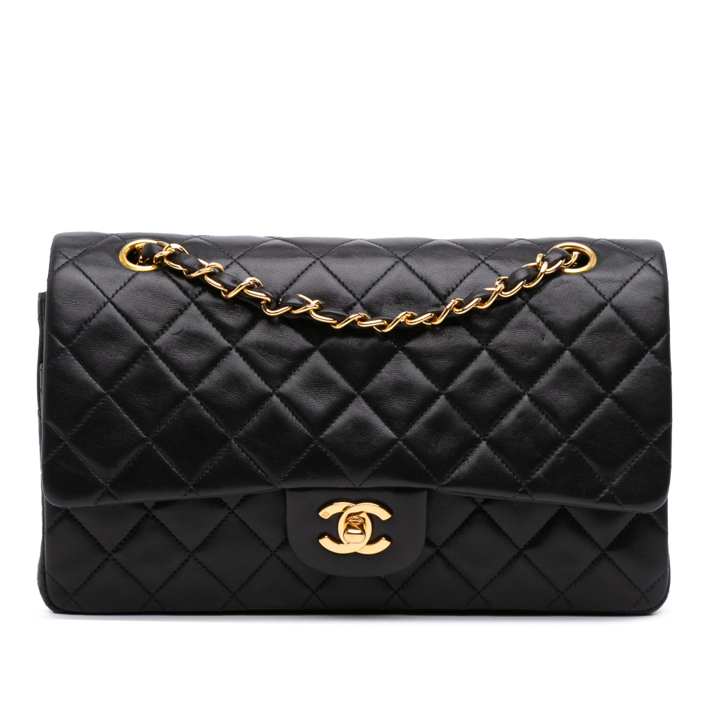 Chanel Vintage Classic Double Flap Medium Lambskin Leather Matelassè Shoulder Bag Black