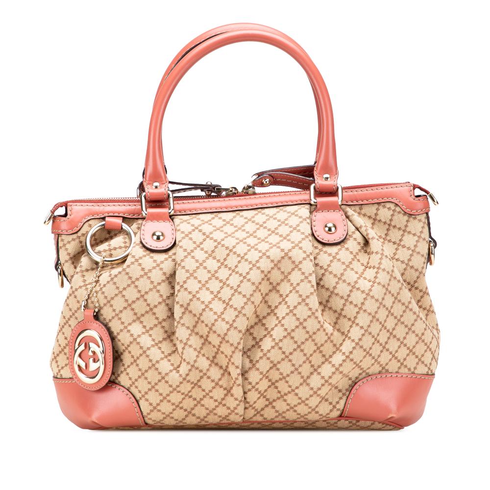 Gucci B Gucci Brown Beige Canvas Fabric Diamante Sukey Satchel Italy