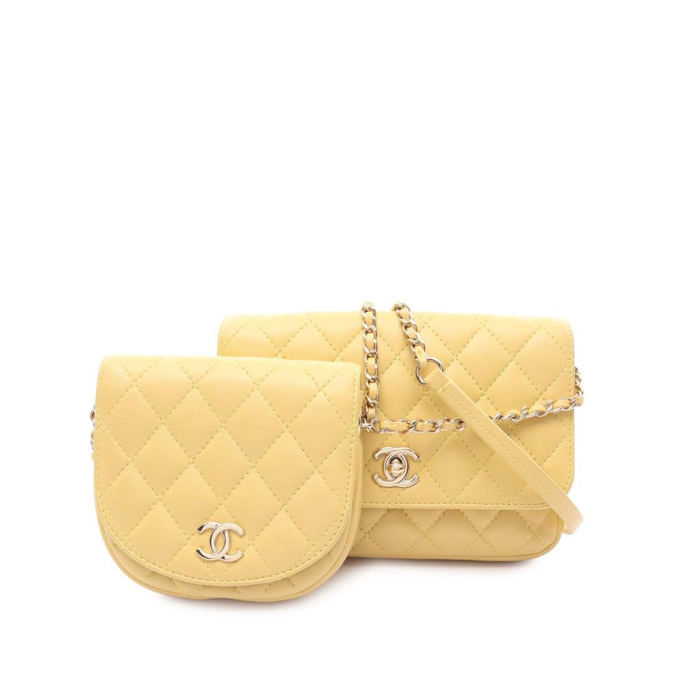 Chanel AB Chanel Yellow Light Yellow Lambskin Leather Leather Quilted Lambskin Side Packs Flap France