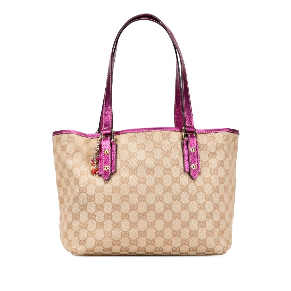 Gucci B Gucci Brown Beige with Pink Hot Pink Canvas Fabric GG Jolicoeur Tote Italy