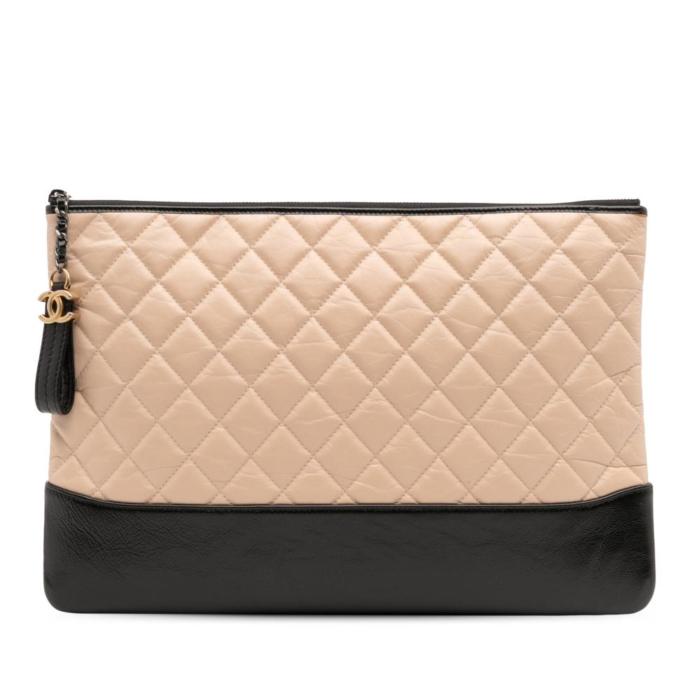 Chanel B Chanel Brown Light Beige with Black Calf Leather Large Aged skin Gabrielle O Case Clutch Italy