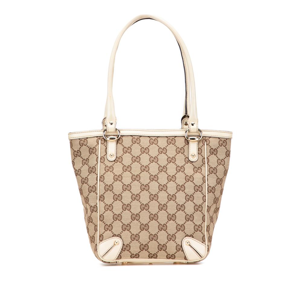 Gucci B Gucci Brown Beige with White Canvas Fabric GG Handbag Italy