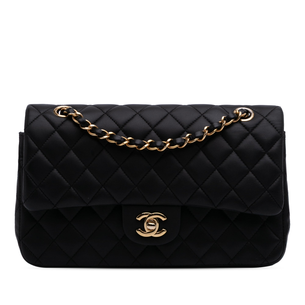 Chanel Classic Double Flap Medium Lambskin Leather Matelassè Shoulder Bag Black