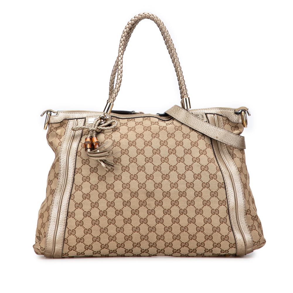 Gucci B Gucci Brown Beige Canvas Fabric GG Bella Convertible Tote Italy