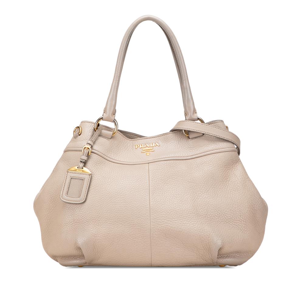 Prada B Prada Brown Light Beige Calf Leather Vitello Daino Open Convertible Tote Italy