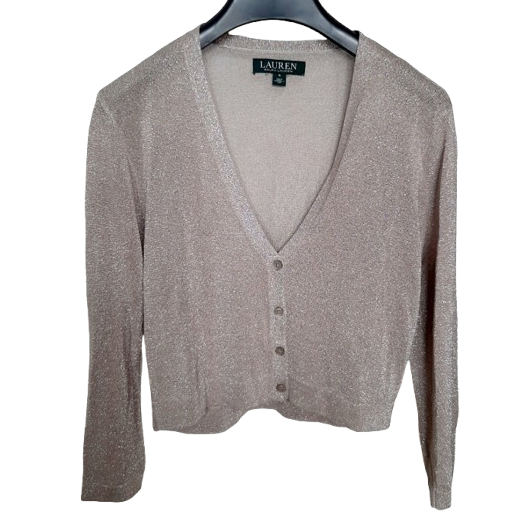 LAUREN Ralph Lauren Cardigan fin en maille taupe métallisé, neuf