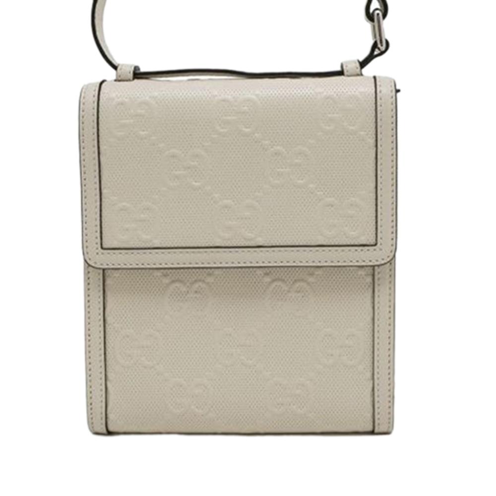 Gucci B Gucci White Calf Leather GG Embossed Flap Satchel Italy