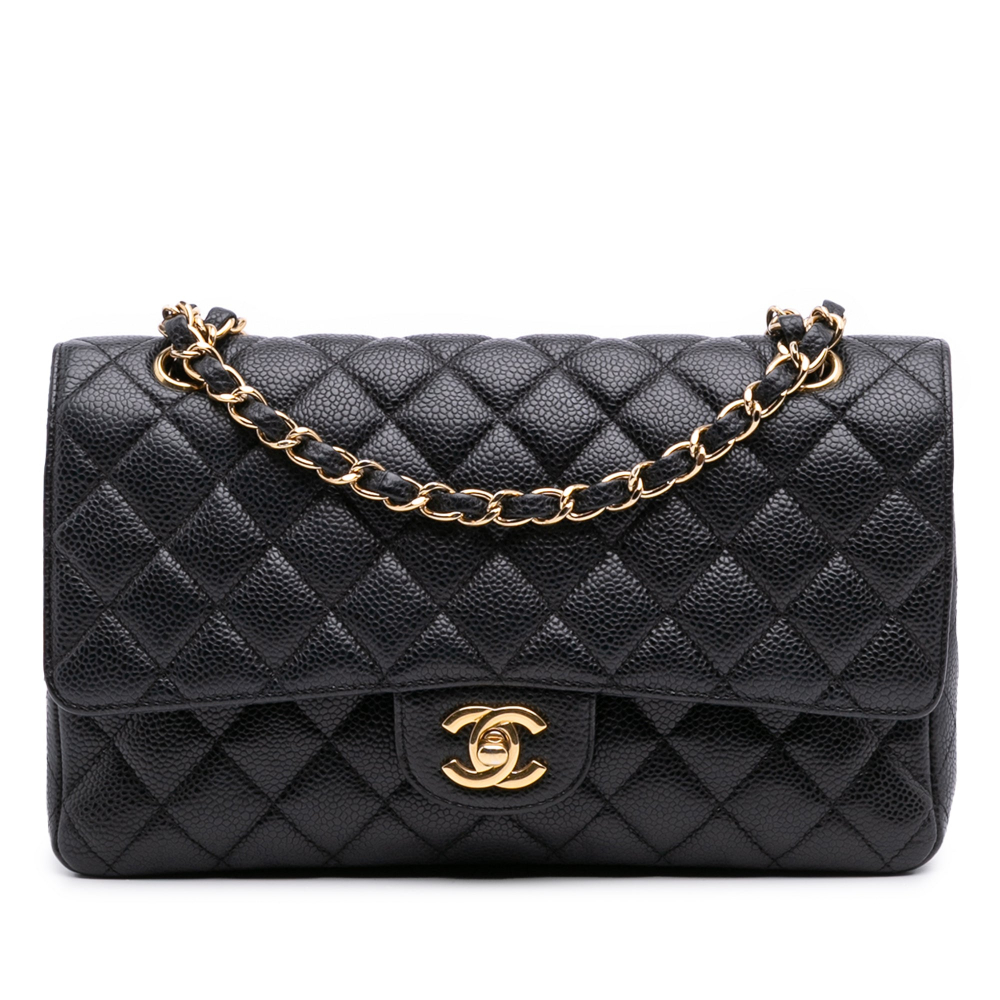 Chanel Classic Double Flap Medium Caviar Leather Matelassè Shoulder Bag Black