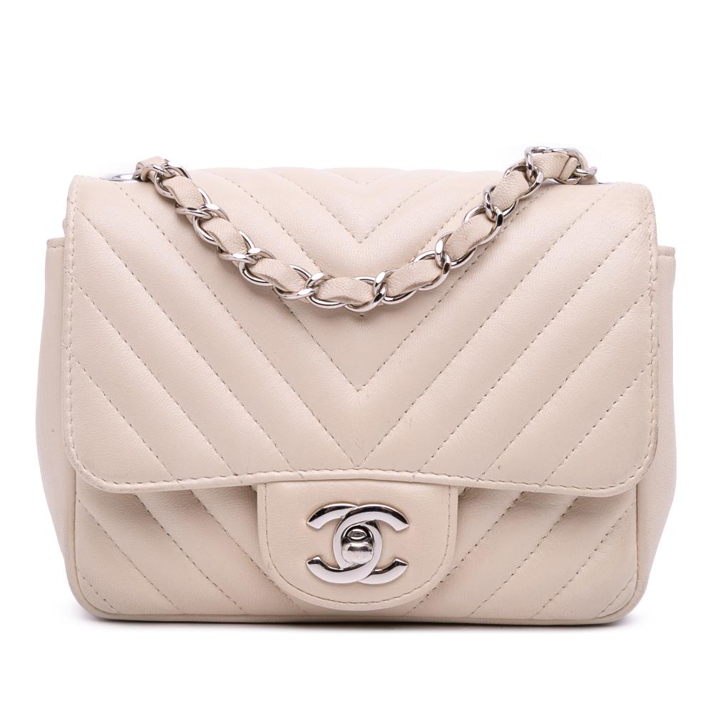 Chanel B Chanel White Ivory Lambskin Leather Leather Mini Square Classic Chevron Lambskin Single Flap Italy