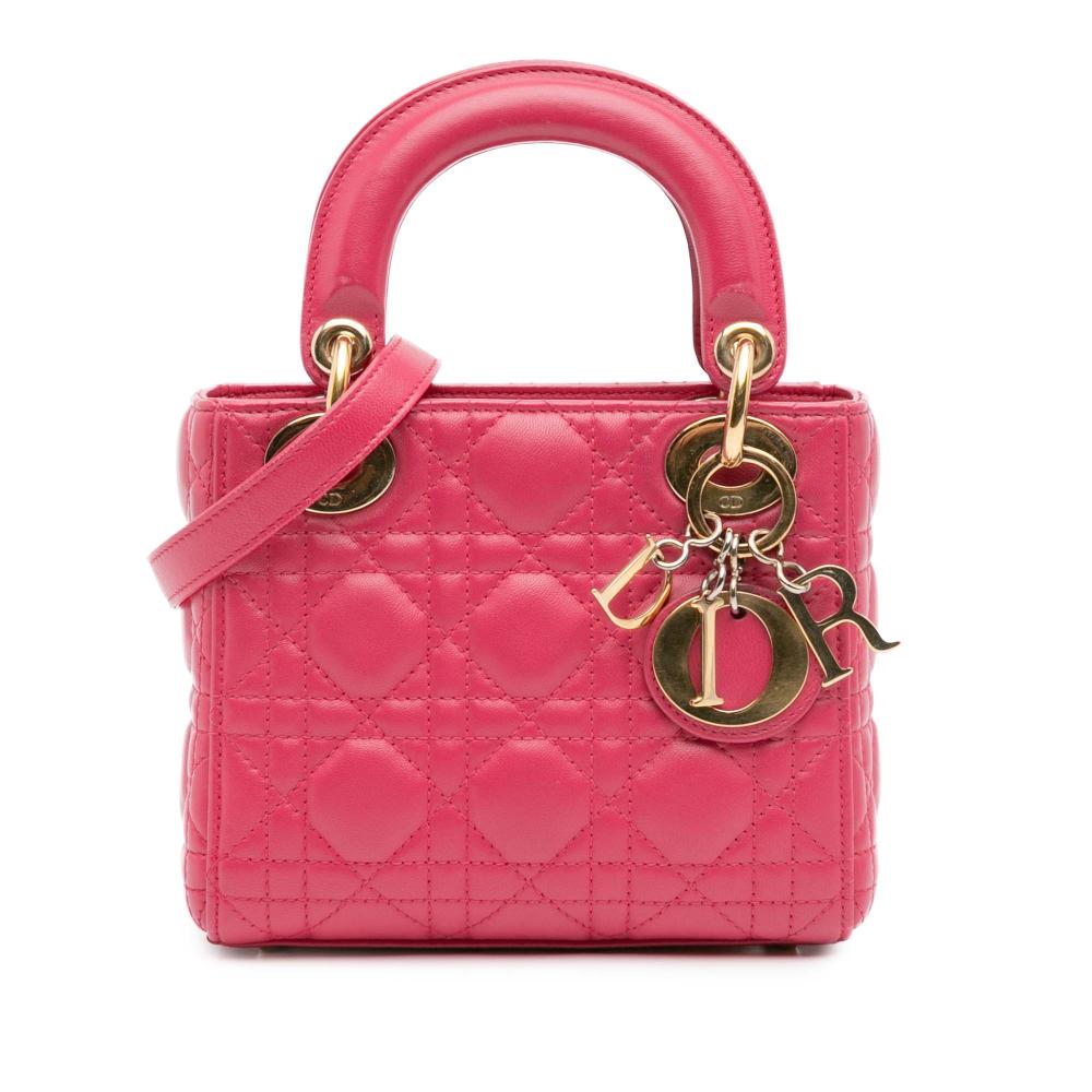 Christian Dior B Dior Pink Dark Pink Lambskin Leather Leather Mini Lambskin Cannage Lady Dior Italy