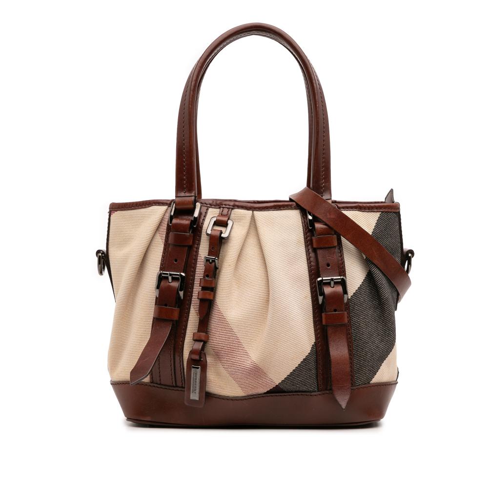 Burberry B Burberry Brown Beige Canvas Fabric Mega Check Lowry Satchel Italy